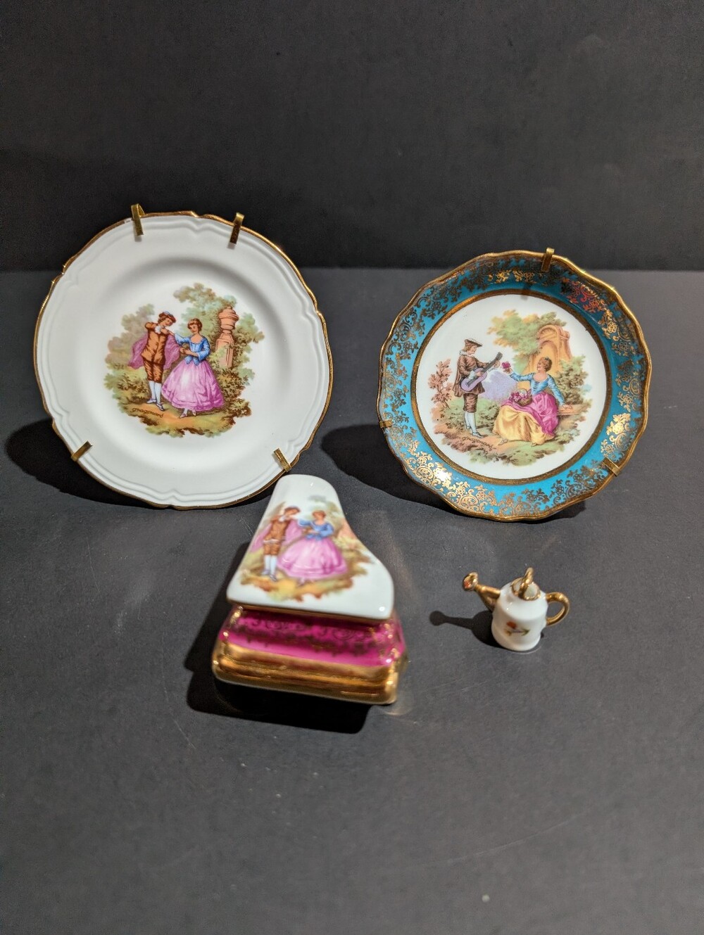 Limoges Miniatures Piano Trinket Box Watering Can 2 Plates France